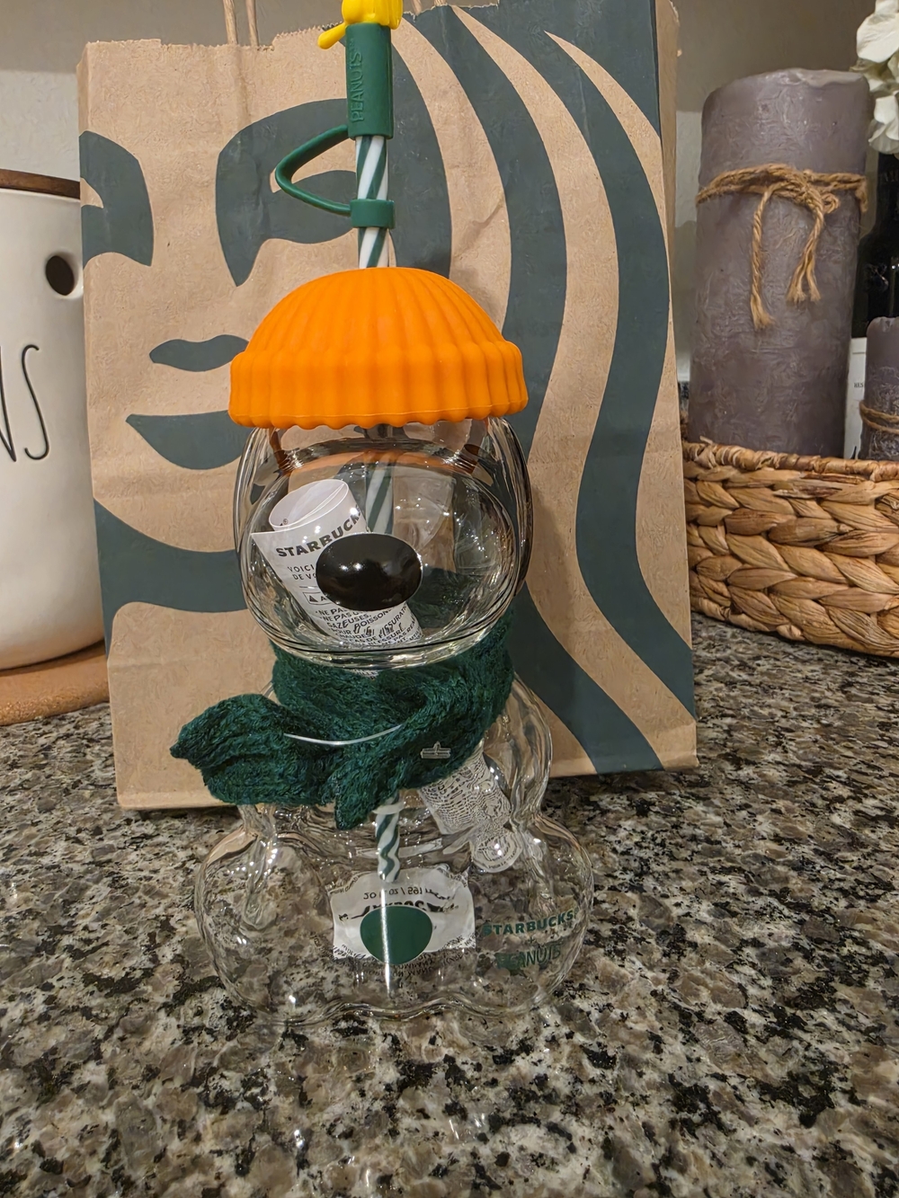 Starbucks Clear Glass Snowman Bottle with Orange Cap and Green Scarf